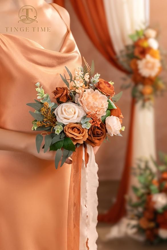 TINGE TIME 7 Inch Wedding Bouquets for Bridesmaid, Set of 4, Artificial Flowers Cascading Bridal Bouquet for Fall Wedding Ceremony Anniversary Bridal Shower and Rustic Vintage Wedding (Terracotta)
