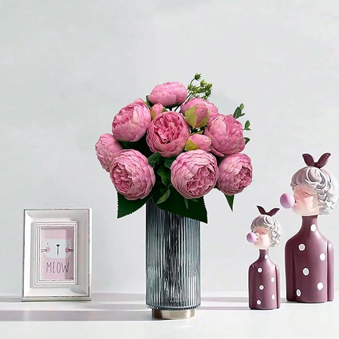 Artificial Peony Flowers, 2Pcs Silk Peonies Fake Peony Bouquets for Home Wedding Office Party Decor (Pink)