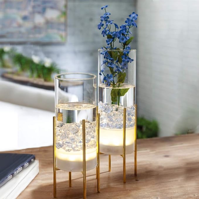Flower Vase for Decor, Clear Vase with Gold Stand, Modern Decorative with Timer LED Lights Battery Operated, Centerpiece/Wedding/Party (Set of 2)