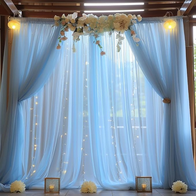 10x10ft Baby Blue Tulle Backdrop Curtain with Lights String for Parites, Sheer Backdrop Curtains for Wedding Baby Shower Birthday Party Photo Shoot Decorations