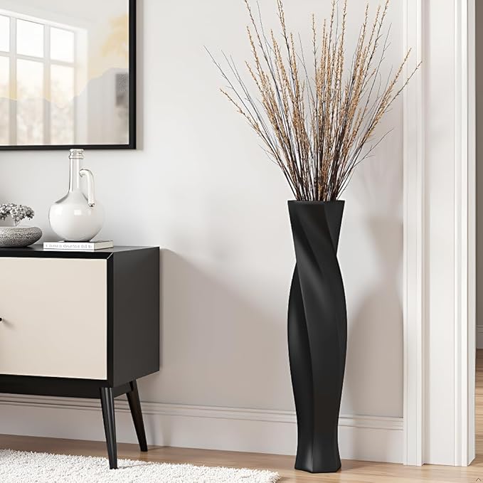 Tall Vases - 23.6" Tall Floor Vase for Home Decor, Resin Floor Vases, Black Hexagon Twist Floor Vase, Fits Into Hay/Pampas Grass, Living Room, Office, Wedding Decor (Black)