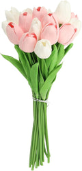 uxcell 20pcs Tulips Artificial Flowers, Faux Flowers Silk Fake Tulip Stems Real Touch for Wedding Bouquet Centerpiece Table Party Decoration(Candy Pink, Pure White)