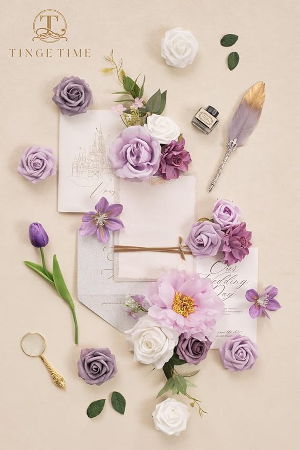 TINGE TIME Artificial Flowers Paisley Purple & White Flower Combo for DIY Wedding Bouquets Table Centerpieces Arrangements Party Baby Shower Home Decorations