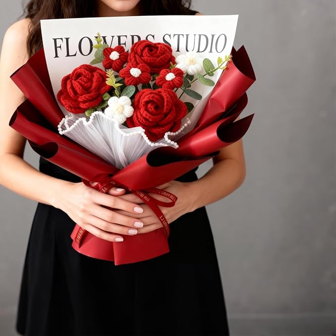 Crochet Rose Bouquet - Handmade Knitted Flowers with 3 Roses, Eucalyptus & Pompom Blooms - Hypoallergenic Gift Set for Women, Mother’s Day, Wedding