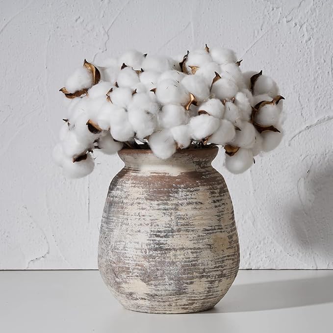 SIDUCAL Ceramic Rustic Vase, Whitewashed Terra Cotta Vase, Distressed Farmhouse Décor, Pottery Decorative Flower for Home Decor, Table, Living Room Decor, Shelf, Mantel, 7.3 Inch, Terra