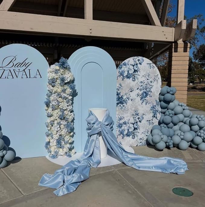 Arch Backdrop Cover Baby in Bloom Baby Shower Arch Stand Spandex Fabric Cover Blue Flowers Floral Pink Bows Girls Birthday Party Baptism Decorations (2.6X6ft,G-3856)