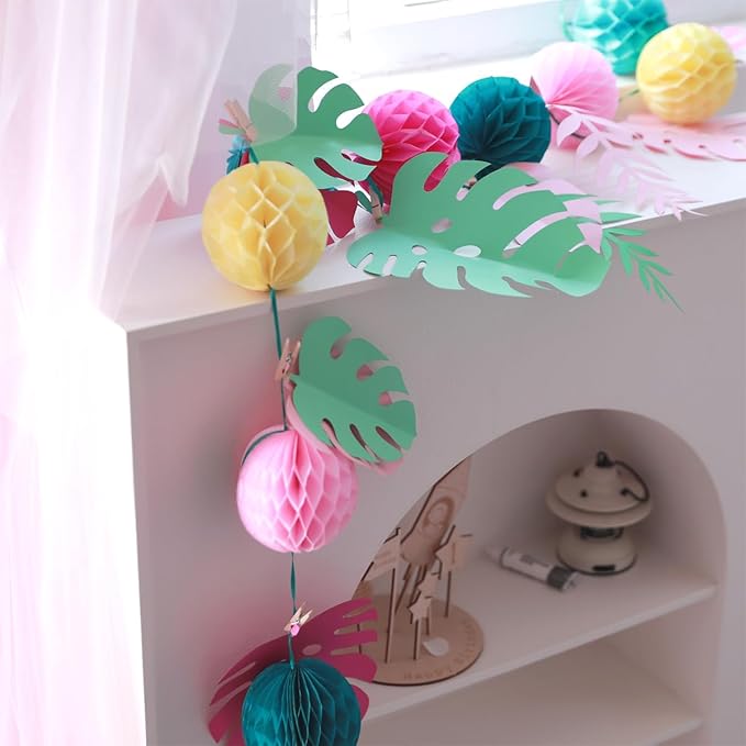 Paper Leaves Banner with Honeycomb Balls Paper Leaves and Honeycomb Ball Garland Decorations Wall Decoration Paper Leaves Backdrop Decoration for Nursery Birthday Party Wedding