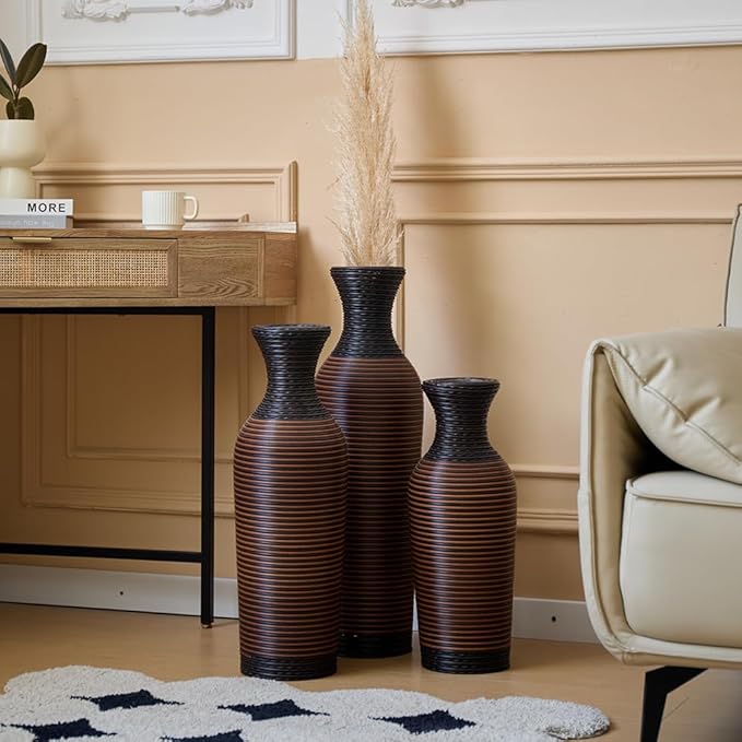 Floor PVC Decorated Vases Set of 3 for Gorgeous Home Decoration Large Classic PVC Vases 19.6in/23.6in/27.5in Height (Black+Brown)