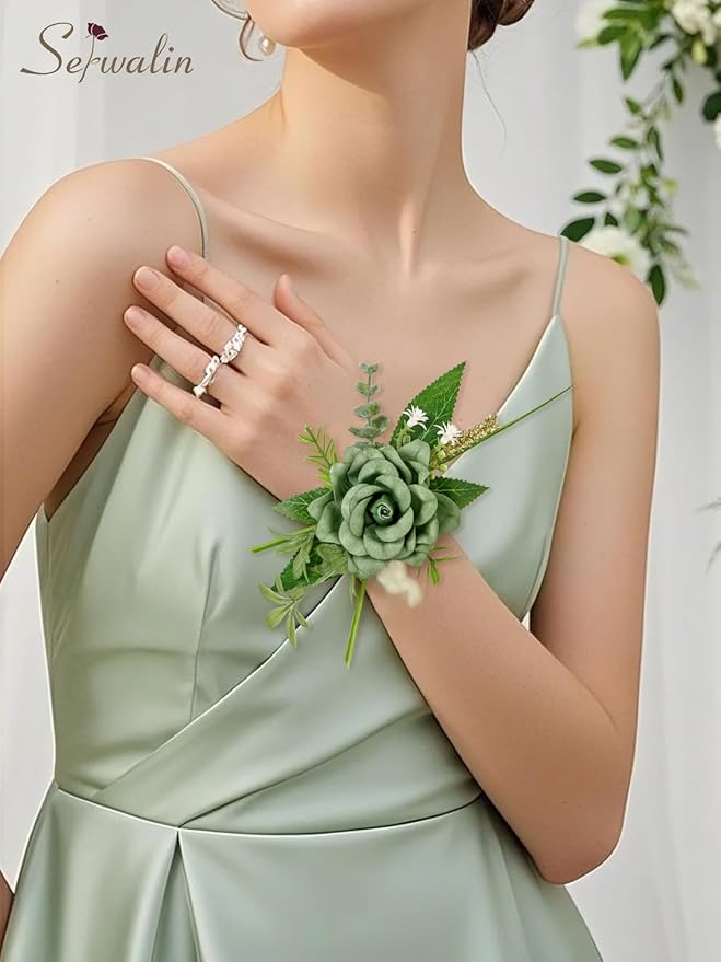 Serwalin Green Corsage and Boutonniere Set 2pcs, 6-7inch Boutonniere and Wrist Corsage Wristband Prom Flower Wedding Flowers Accessories Prom Suit Decorations