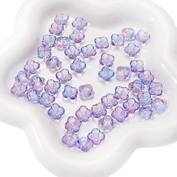 100PCS Glass Flower Beads for Jewelry Making 4 Petal Flower Bead Caps Gradient Cute Floral Beads Aesthetic Charms for Necklace Bracelets Earrings DIY Craft Home Decoration-Blue Purple