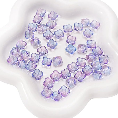 100PCS Glass Flower Beads for Jewelry Making 4 Petal Flower Bead Caps Gradient Cute Floral Beads Aesthetic Charms for Necklace Bracelets Earrings DIY Craft Home Decoration-Blue Purple