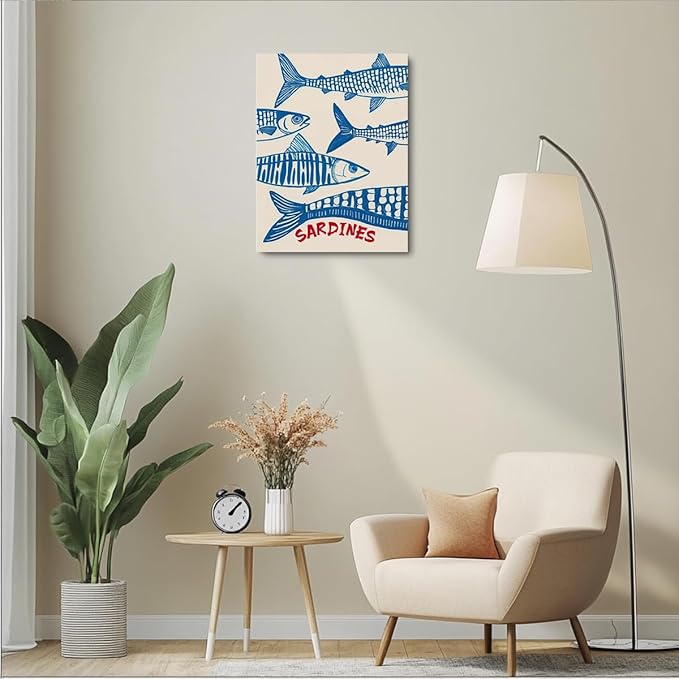 Vintage Fish Sardine Decor Beach House Wall Decor Canvas Wall Art Framed Art Prints Artwork Posters for Home Living Room Kitchen Dining Room Office Wall Decorations Paintings Pictures 11.5X14.5 Inch