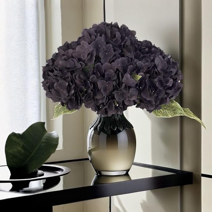 2Bouquets Artificial Fake Flowers Plants Silk Hydrangea Arrangements Wedding Bouquets Decorations Plastic Floral Home Kitchen Garden Party Festival Bar DIY (Black)