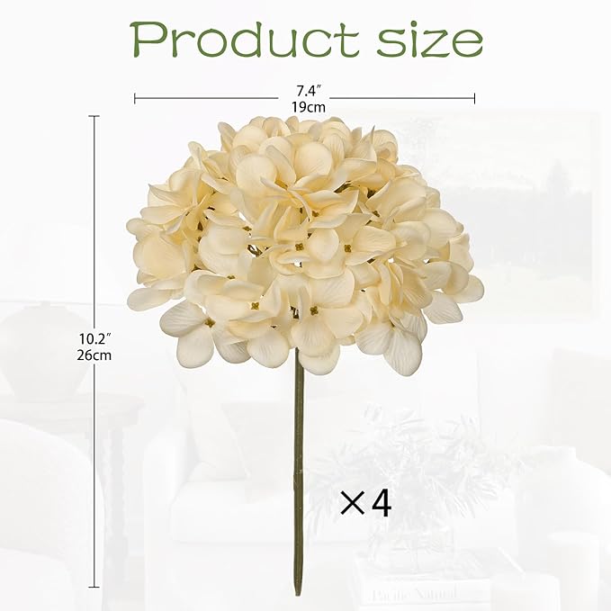 Hollyone Yellow Silk Hydrangea Artificial Flowers Heads 7.4inch Large Fake Hydrangea 4Pcs Full Faux Flowers with Stems for Wedding Party Table Centerpieces Flower Arrangement Home Decor