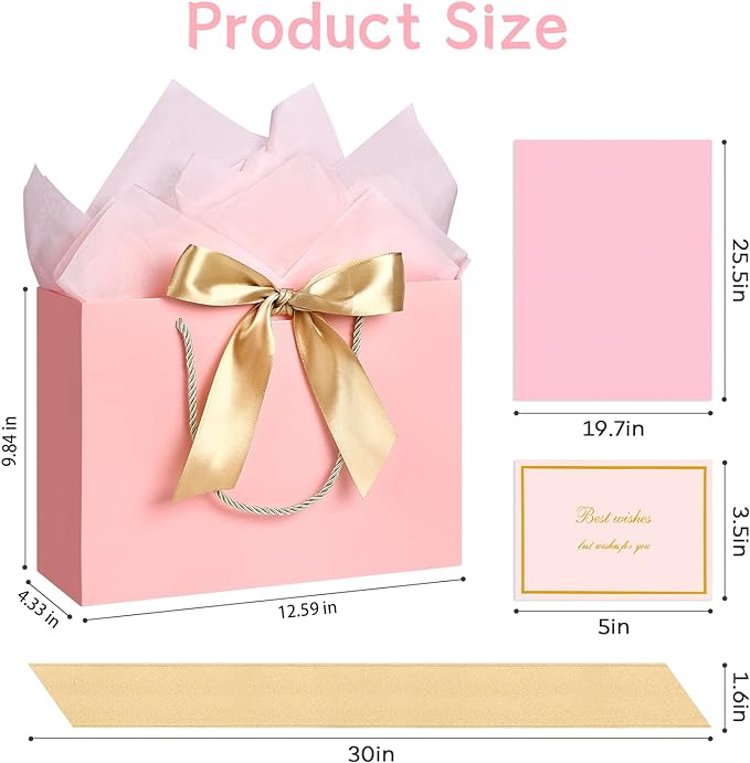 JMANNI Gift Bag, 1PCS Gift Bags Large with Ribbon and 1 Greeting Cards 2 Tissue Paper, Portable Paper Gift Bag with Handles, Birthday Gift Bags, Valentine's Day, Present Bags for Christmas Wedding Party Mothers Day