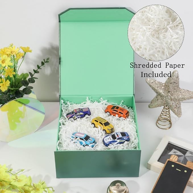 1 Pcs Small Green Gift Box 8x8x4 Inch Magnetic Box with Crinkle Paper Green Small Gift Box with Shredded Paper Luxury Gift Boxes with Lids for Presents