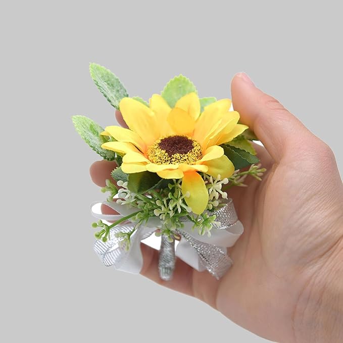 Sunflower Boutonniere Groom Boutonniere Man Buttonholes Bride Corsage Maid of Honor Gift Groom Gifts Wedding Boutineer with Pin Artificial Yellow Silk Flower Decor (White,Pack of 8)