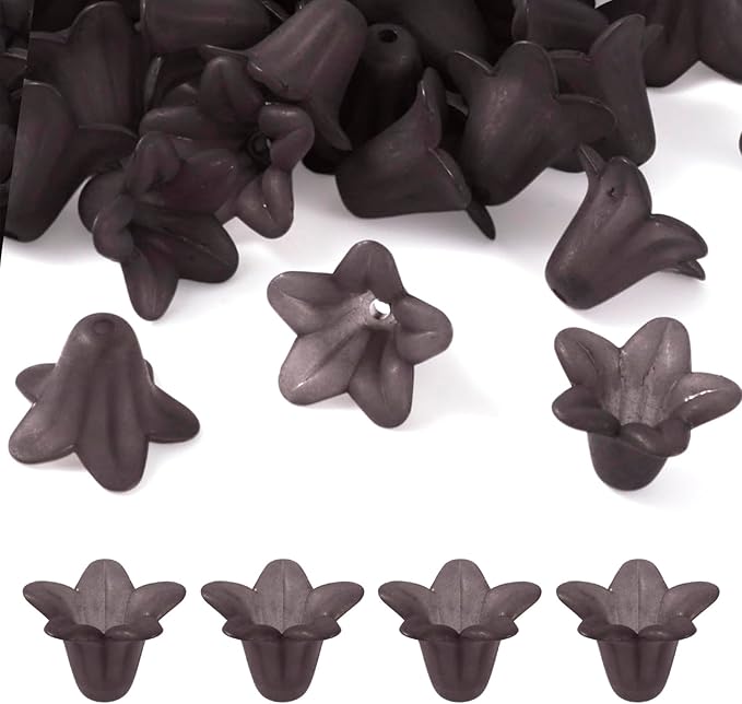 Crafans 50Pcs Acrylic Trumpet Flower Beads Caps Frosted Flower Charms Bell Floral Pendants Floral Spacer Beads End Caps for Angel Wing Charms Jewelry Making Supplies Prussian Blue 17.5x12x1.5mm