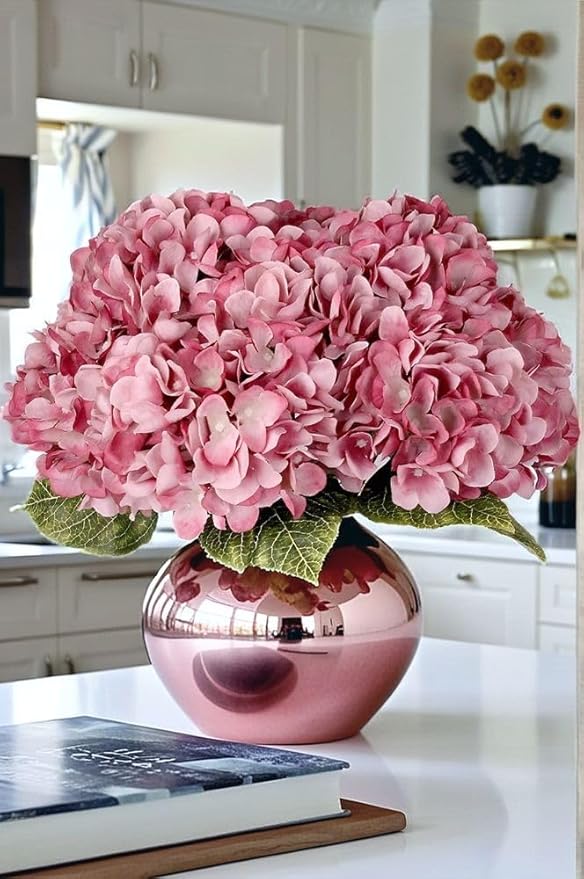 2Bouquets Artificial Fake Flowers Plants Silk Hydrangea Arrangements Wedding Bouquets Decorations Plastic Floral Home Kitchen Garden Party Festival Bar DIY(Grey Pink, 5 Flower Heads)
