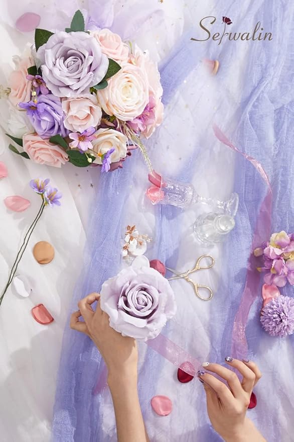 Serwalin 2Pcs Artificial Flowers Fake Silk Flowers Combo Realistic Mixed Roses Box for DIY Wedding Bridal Bouquets Centerpieces Arrangements Faux Flowers with Stems Home Decor, Pink&Lilac
