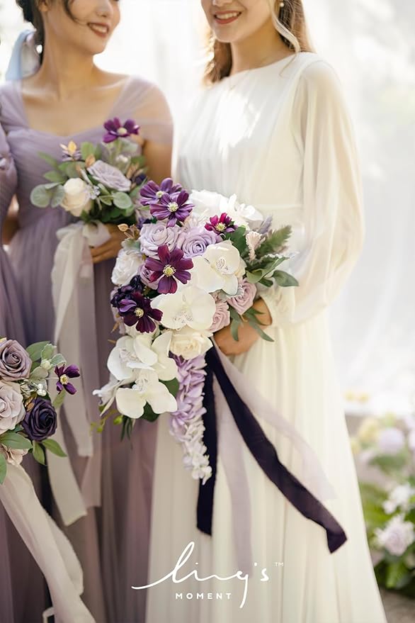 Ling's moment Purple Bridal Bouquet Cascading, Lilac Wedding Bouquets for Bride, 13 Inch Lavender Bride Artificial Flowers Bouquets
