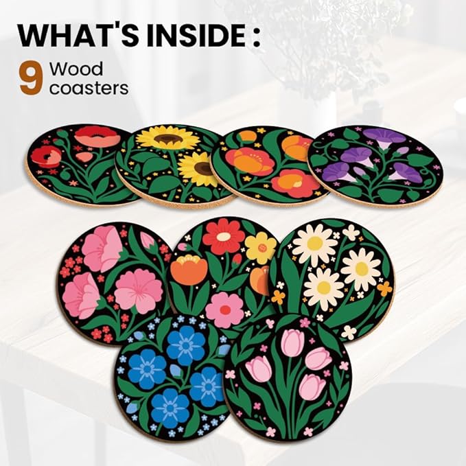 ANATTASOUL Coasters Set of 9 Art Flowers Pattern Colorful Wooden Coasters Bulk Round Housewarming Gift for New Home, 3.9" Decorative Coffee Table Protection for Farmhouse Bar House Decor