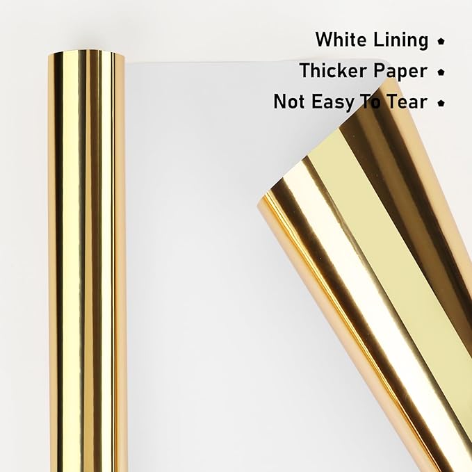 NESCCI Golden Metallic Wrapping Paper, Solid Color Paper,Gift Wrapping Paper,Perfect for Wedding,Valentine's Day,Birthday, Christmas,Baby Shower,DIY Bouquet (17.5 Inches X 32.8 Feet)
