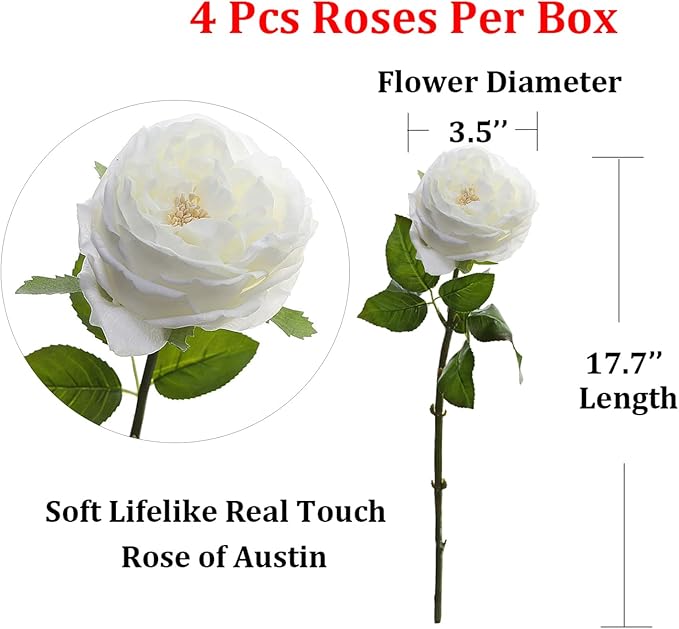 YalzoneMet 3.5'' Big Bloom White Rose Artificial Flowers 4Pcs Real Touch Rose Faux 17.7 Inch Long Stem Austen Roses Peonies Fake Flowers for Home Kitchen Party Christmas Flower Wedding Decor