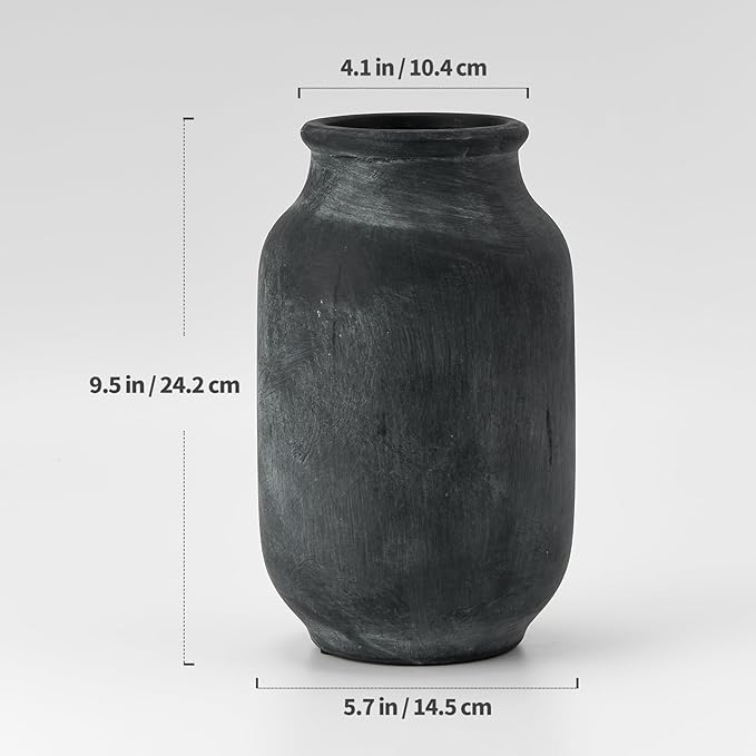 SIDUCAL Rustic Farmhouse Flower Vase | 9.5 Inch Large Ceramic Vase | Pampas Grass | Modern Farmhouse Decor for Home Decor, Table, Living Room Decoration, Shelf Decor, Mantel, Black