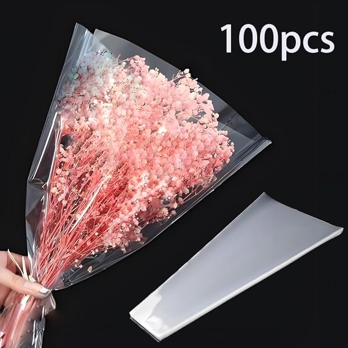 LAYYUK 100 Pcs Clear Plastic Flower Bouquet Sleeve Bags,Transparent Cellophane Rose Packaging Bags Gift Wrap Cellophane for Valentine's Day Gift Packaging