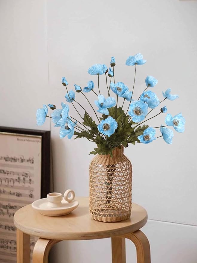 IPOPU Sky Blue Artificial Poppy 6pcs Light Blue Fake Poppies Baby Blue Silk Flowers for Baby Shower Centerpieces Bridal Shower Party Decorations (Sky Blue)