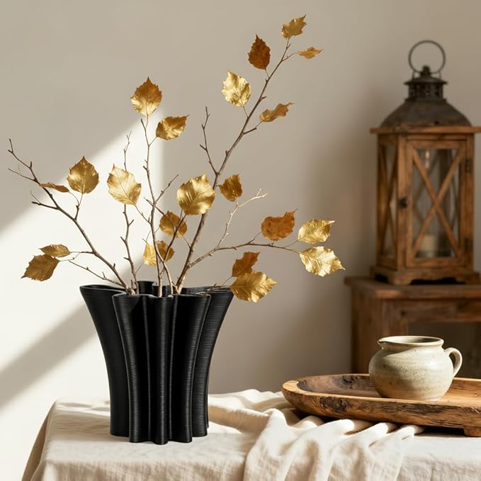 Contemporary Black Ceramic Vase, Abstract Irregular Shape Sculptural Accent for Home Decor, Modern Artistic Centerpiece for Coffee Table or Bookshelf