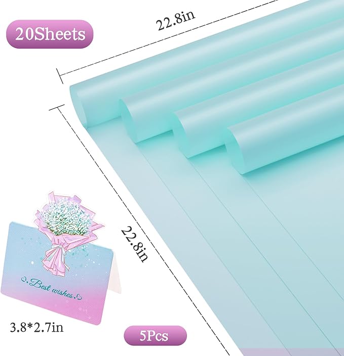 REAXYZNN 20 Sheets Flower Wrapping Paper, Waterproof Floral Bouquet Wrapping Paper with Cards for DIY Craft, Florist Packaging Supplies for Birthday, Wedding, Mother's Day Gift (Sky blue)