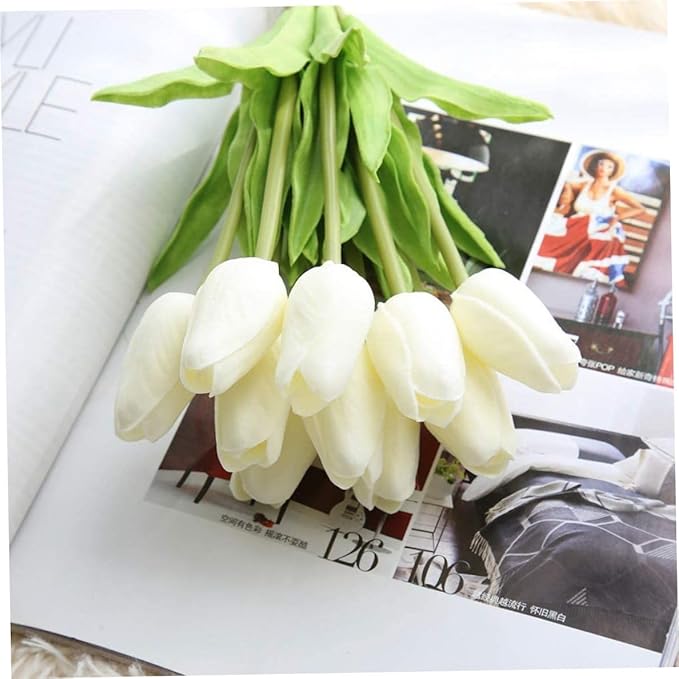 Artificial Tulips Flowers Real Touch Tulips Holland PU Bouquet Latex Flower White for Wedding Party Office Home Kitchen Decoration 30pcs (White) Artificial