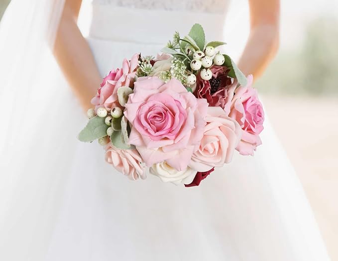 Pink Roses Artificial Flowers 4.3" Velvet Roses 16pcs Pink Flowers Artificial for Decoration Fake Pink Roses for Wedding Bridal Bouquets Party Centerpieces Home Table Decor (Pink)