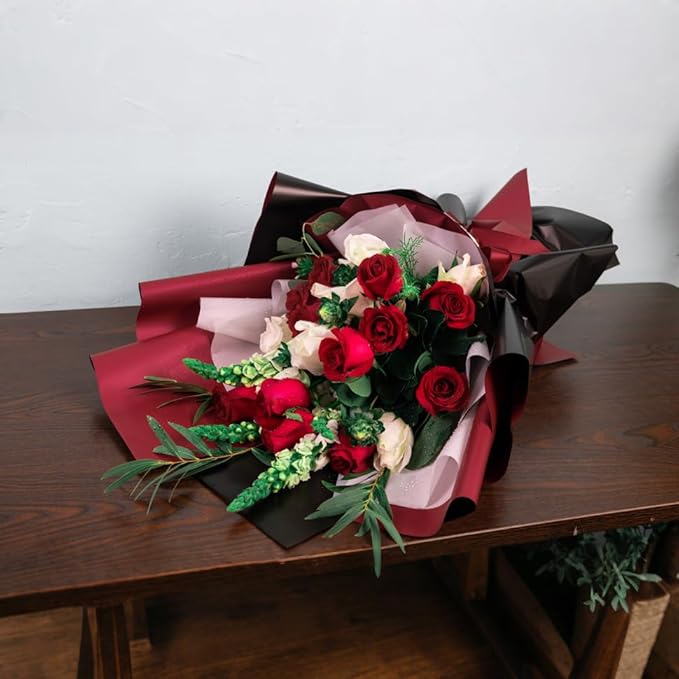 WRAPAHOLIC 20 Sheets Flower Wrapping Paper - 22.4 x 22.4 inch Black Red Color Water-Resistant Floral Bouquet Wrapping Paper, Florist Supplies Packaging for Christmas Wedding Birthday Gift DIY