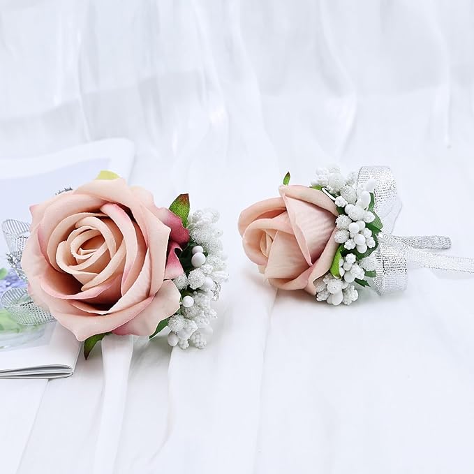 2Pcs Dust Pink Rose Corsage and Boutonniere Set, Artificial Wrist Corsage Wristlet Bracelets, Men Boutonniere for Wedding Anniversary Party Homecoming Flowers Accessories Prom Decor