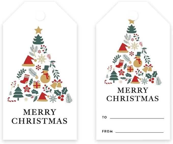 Andaz Press Christmas Holiday Season Classic Gift Tags, Merry Christmas to from Classic Favor Tags, Christmas Tree Elements Design, for Holiday Events, Parties, and Favors, 60-Pack