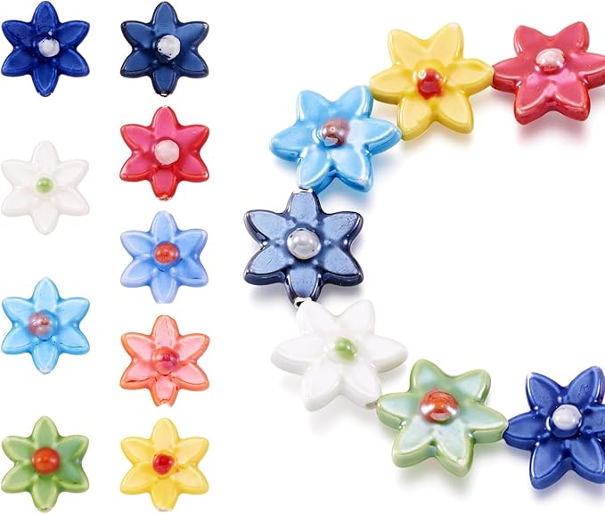 Beadthoven 20pcs Flower Ceramic Beads Mixed Color 3D Flower Shaped Handmade Porcelain Beads Vintage Unique Colorful Floral Loose Craft Spacers for Bracelet Necklace Keychain Jewelry Making DIY