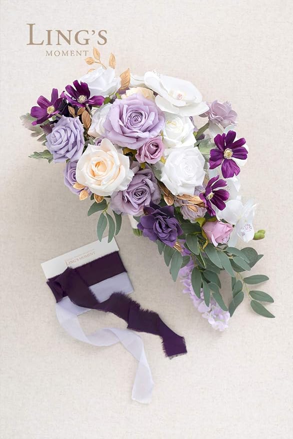 Ling's moment Purple Bridal Bouquet Cascading, Lilac Wedding Bouquets for Bride, 13 Inch Lavender Bride Artificial Flowers Bouquets