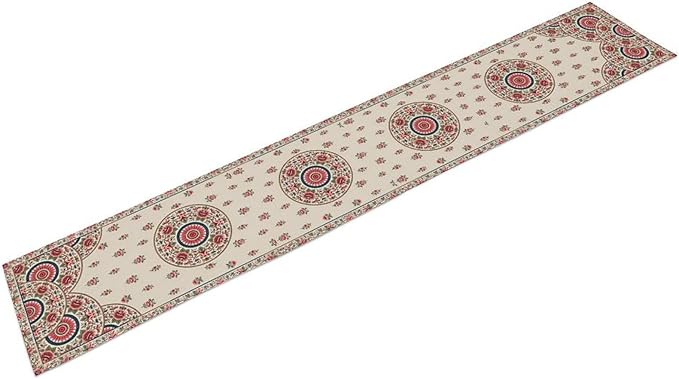 Bohemian Floral Table Runner, Vintage Ethnic Mandala Pink Flowers Boho Design Table Runner for Kitchen Dining Party Wedding, 13x36 Inch