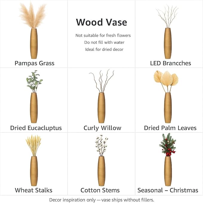 Leewadee Large Gold Home Decor Floor Vase - Wooden 34 inch Tall Farmhouse Decor Flower Holder for Fake Plant and Pampas Grass