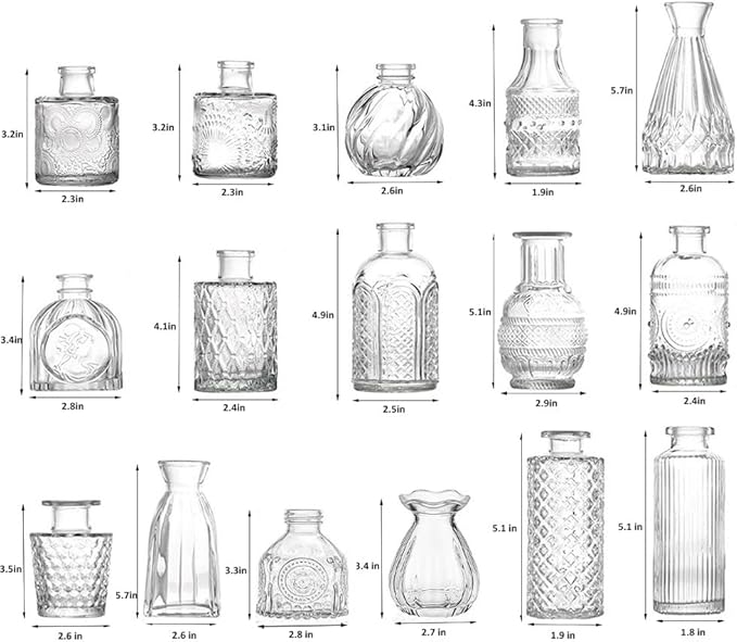 16Pcs Glass Bud Vase Set, Mini Flower Clear Vase Set Bud Vases for Wedding Centerpiece Table Decor, Vintage Small Vases for Room Home Dining Party Table Center Decor