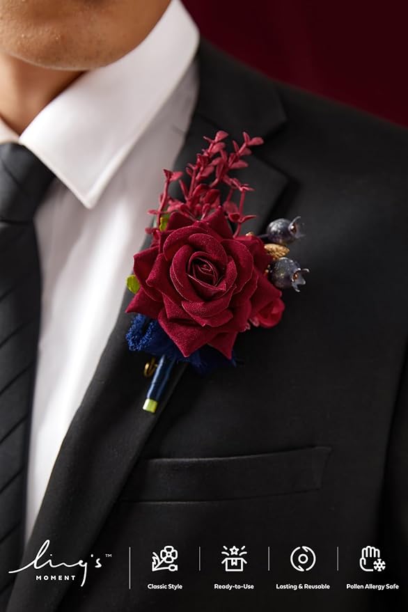 Ling's moment Boutonniere for Men, 6pcs Groom Groomsmen Boutonniere, Artificial Flowers for Wedding Decor/Prom/Homecoming, etc.Navy Blue Burgundy
