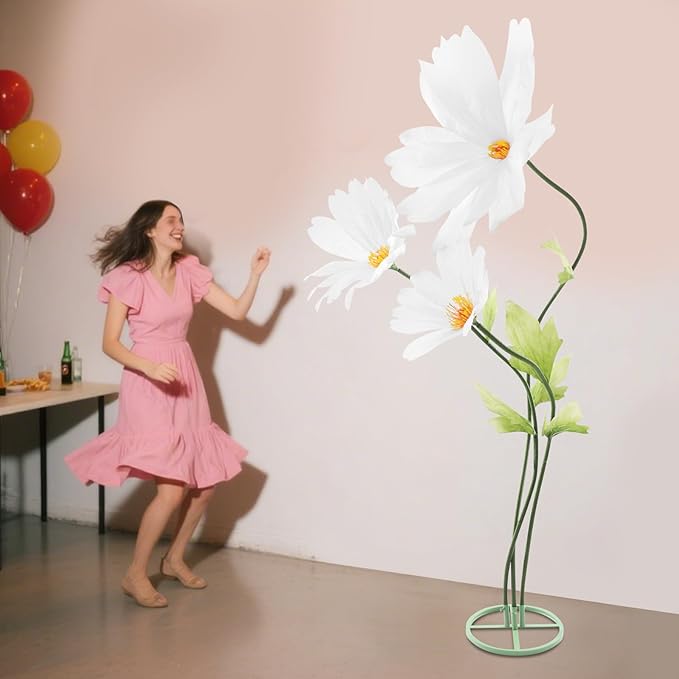 3Pcs Giant Artificial Paper Flowers - Artificial Daisy Flower for Wedding 3-Head Giant Fake Flowers with Standing Stems and Base 6.7ft Tall for Wedding Wall Party & Home Decor (White)