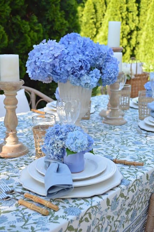 ATOSII Mahoka Blue 100% Cotton Round Tablecloth, Block Print Floral Table Cloth for Dining, Parties, Weddings, Outdoors, Holidays I 60" Inches I Grandmillennial Farmhouse Boho Spring Summer