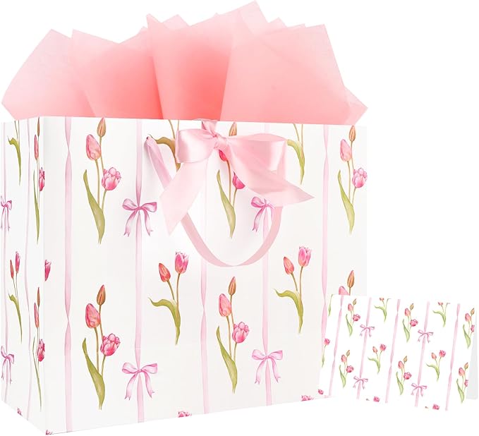 ASYEH NR 13" Large Size Pink Floral Gift Bag Tulip and Bows Pattern Gift Bag with Greeting Card Tissue Paper for Girls Women Birthday Baby Shower Wedding Mother's Day Valentine's Day Supplies