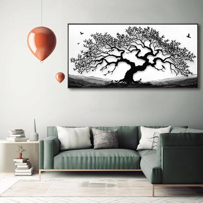 MooMel Wall Art Tree of Life White and Black Abstract Wall Art Canvas Painting for Living Room Bedroom Dining Room Home Office Decor Large Framed Ready to Hang 30"x60"