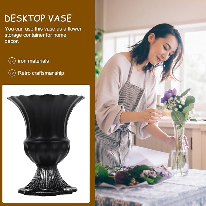 HOMSFOU Vintage Iron Trumpet Vase, Rustic Flower Holder for Centerpieces, Black Metal Floral Container for Home Decor