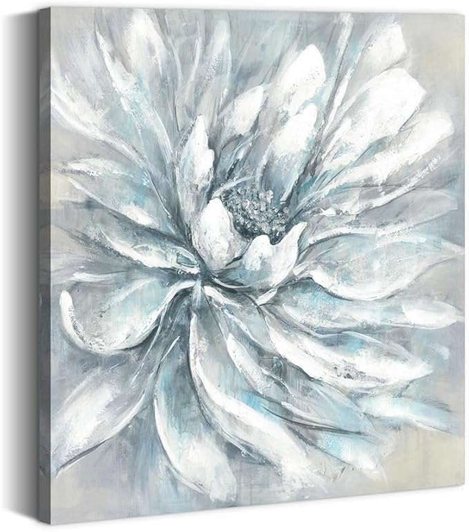 Large Floral Canvas Wall Art: Abstract Living Room Gallery Artwork Modern Elegant White Flower Painting Contemporary Silver Blue Peony Prints Gray Nature Botanical Picture
